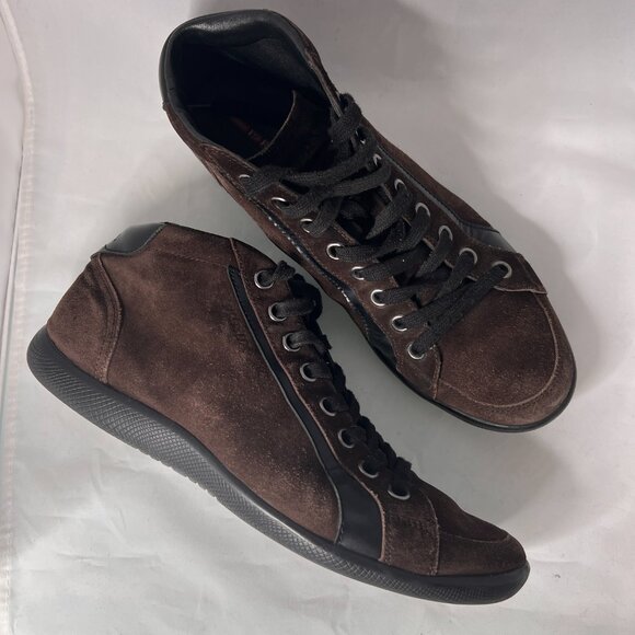 PRADA High Top laced Up Sneaker Suede Brown size 10.5 - Picture 3 of 14